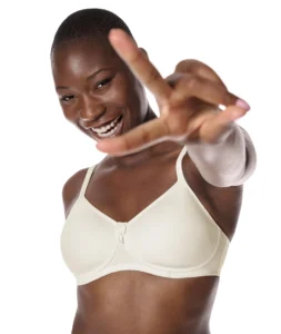 woman wearing a white bra showing a piece sign